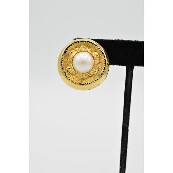 Vintage Pierced Earrings Dangle Brushed Gold Chunky Round Pearl NOS 1980s 9E - Picture 6 of 7